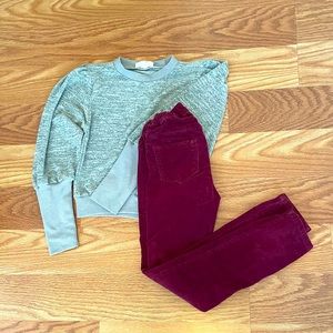 Beautiful Joyfolie top & maroon corduroy skinny H&M pants.